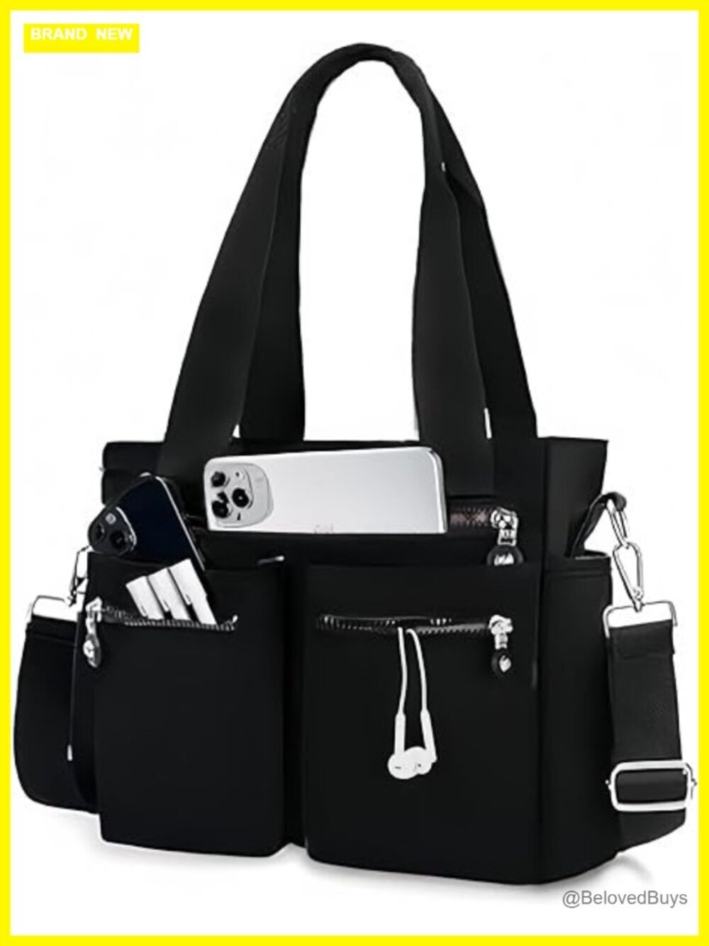 Nylon Tote Bag with Multiple Pockets Foldable Travel Bag